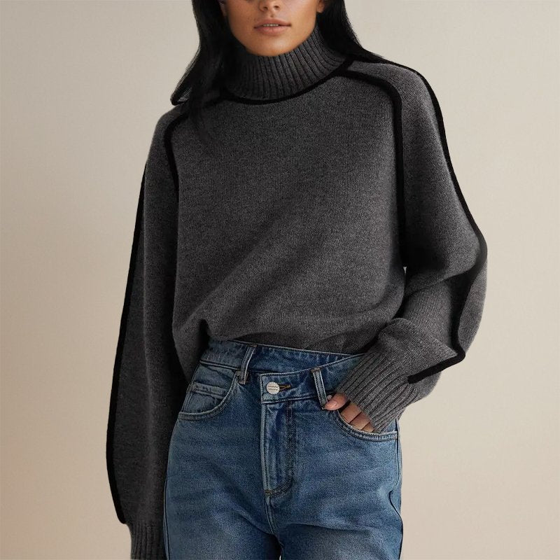 Margo & Main - charcoal contrast trim turtleneck sweater collar and shoulder view, US women's sizes