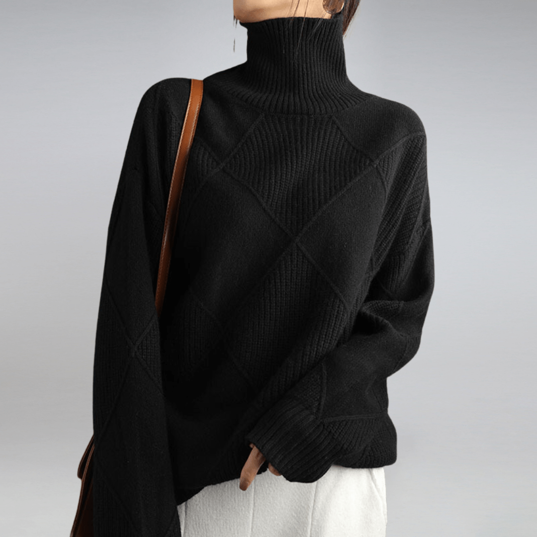Margo & Main – cream diamond knit turtleneck sweater rust colorway front view, US women's sizes