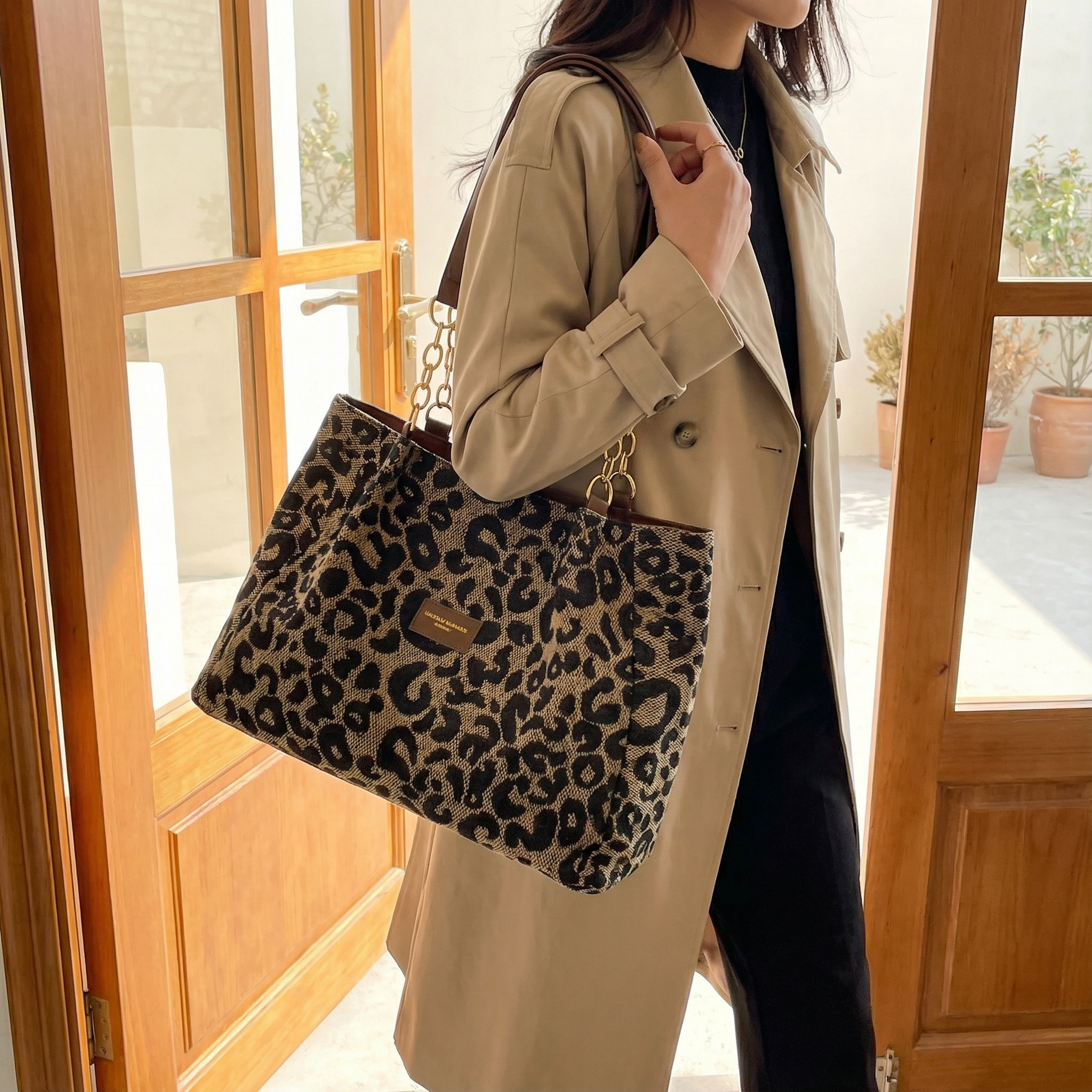 Margo & Main – Lynxe brown leopard canvas shoulder bag worn with a trench coat in a doorway