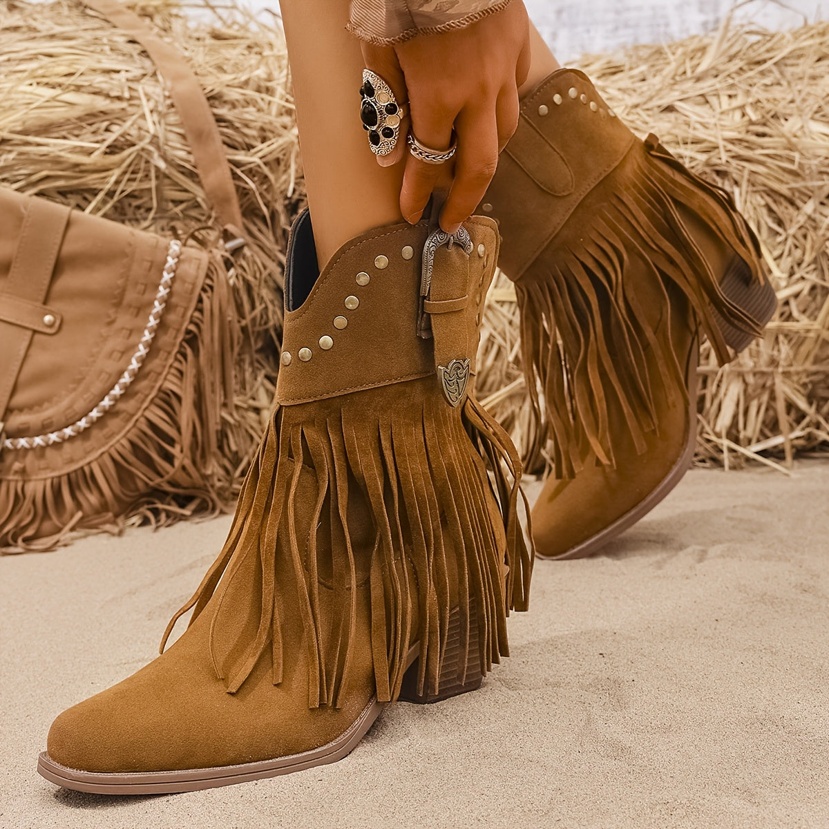Margo & Main – tan suede look western fringe ankle boots worn front view, US women's sizes