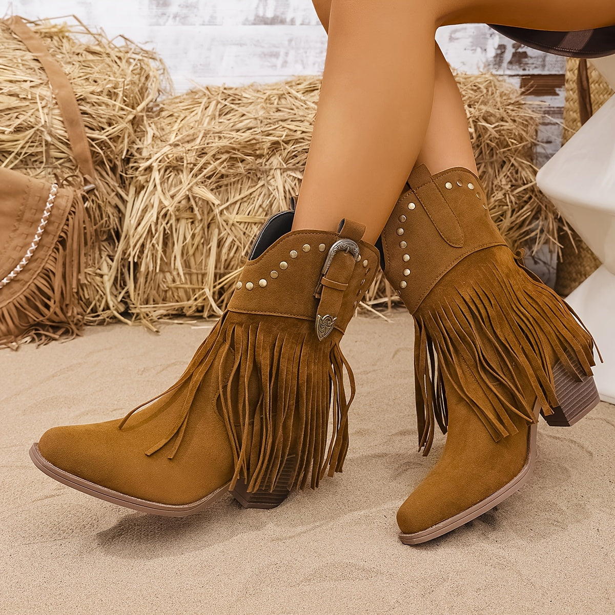 Margo & Main – tan fringe ankle boots side profile with almond toe detail, US women's sizes