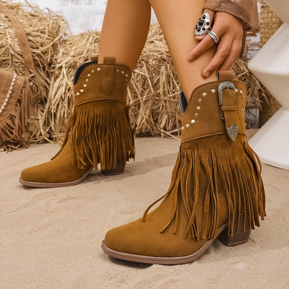 Margo & Main – tan fringe ankle boots studded cuff and buckle strap detail, US women's sizes