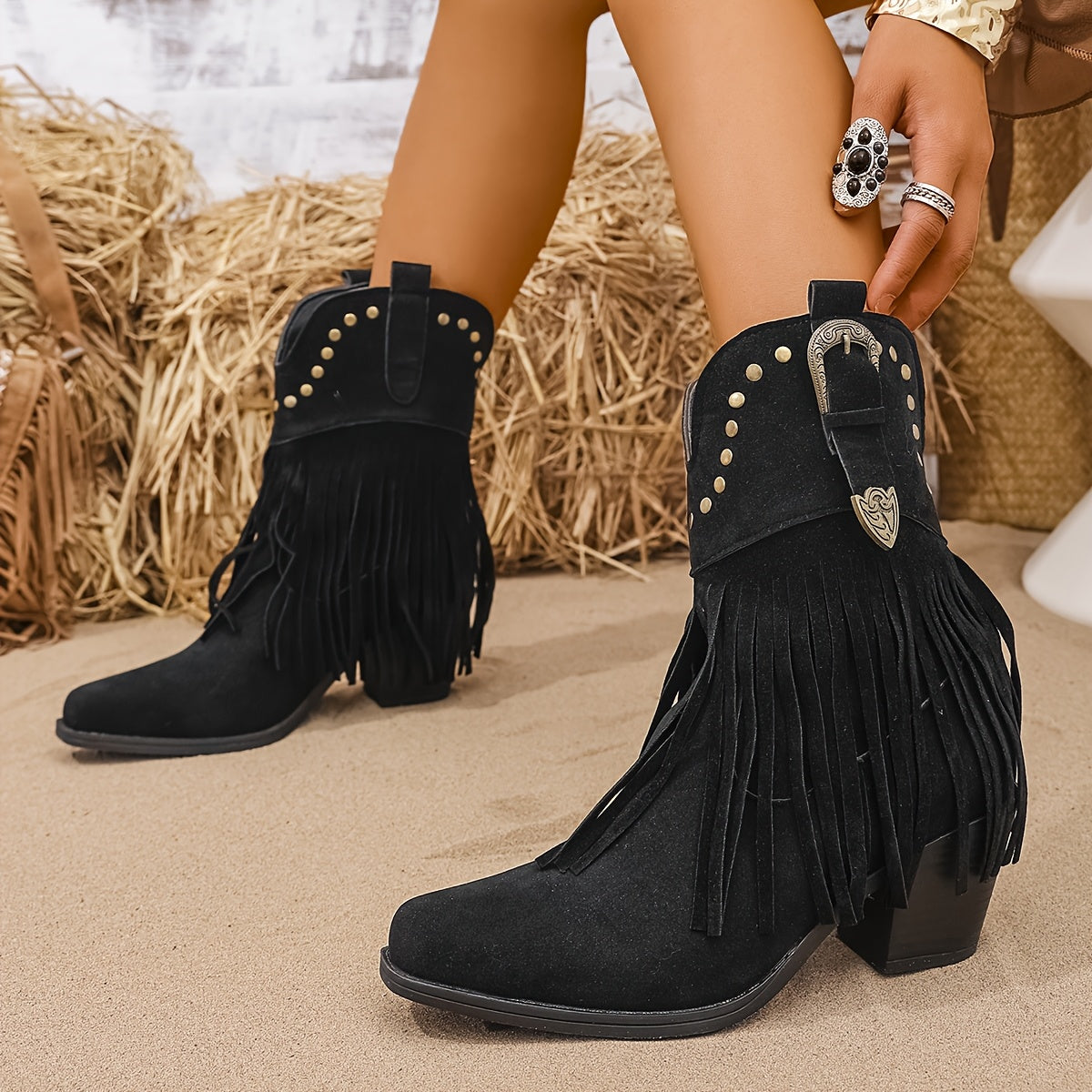 Margo & Main – black fringe ankle boots stacked block heel and fringe detail, US women's sizes