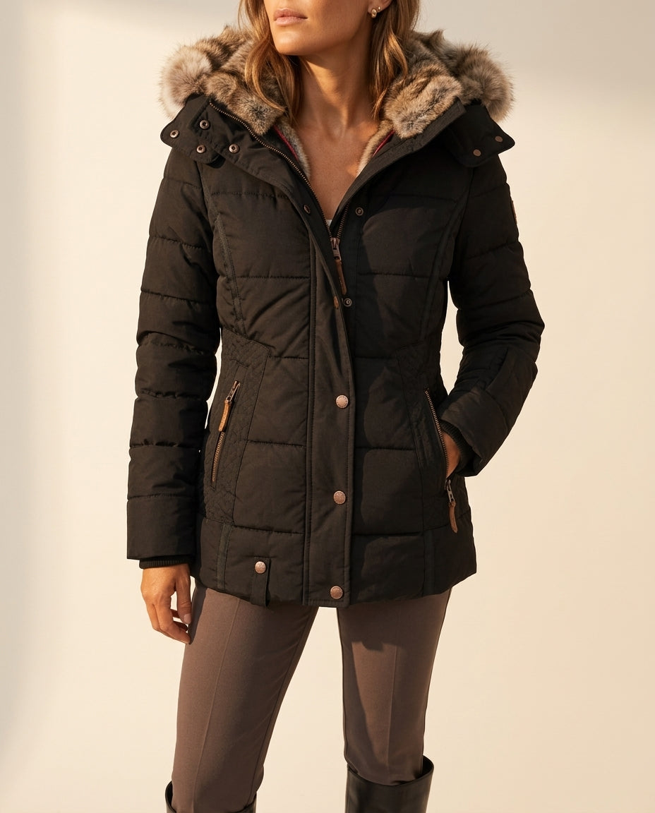 Margo & Main – black quilted puffer jacket worn with tall boots, US women's sizes