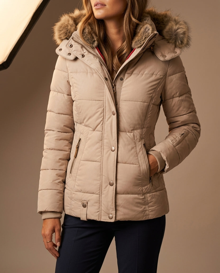 Margo & Main – beige quilted puffer jacket faux fur hood and collar detail, US women's sizes