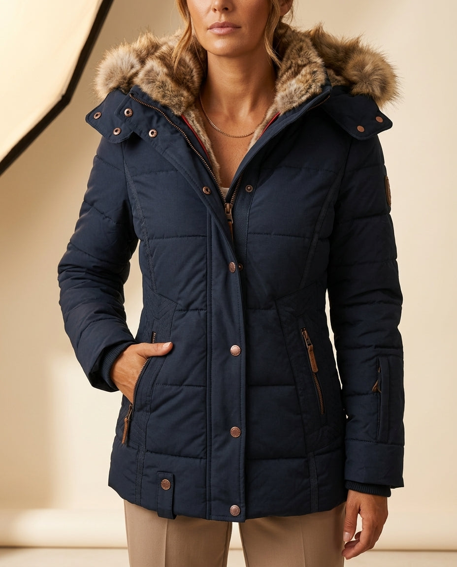 Margo & Main – navy quilted puffer jacket showing zip hand pockets, US women's sizes