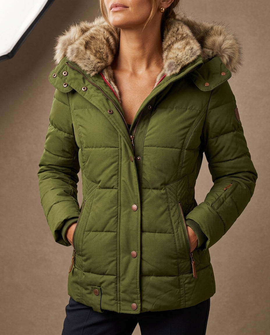 Margo & Main – olive quilted puffer jacket front view with faux fur hood, US women's sizes