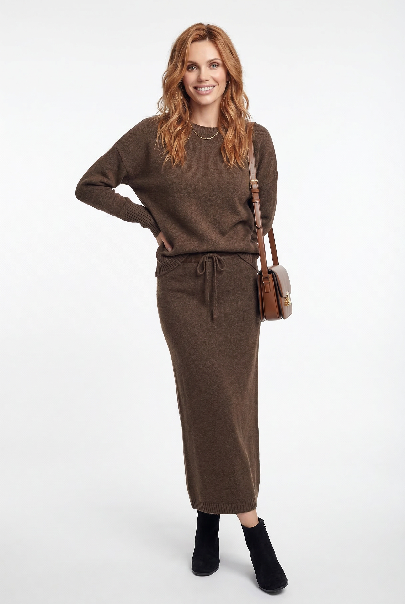 Margo & Main – brown knit skirt set shown from the front on model, US women's sizes