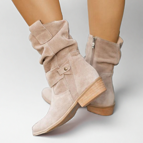 Margo & Main – beige suede slouch mid calf boots angled pair product view, US women's sizes