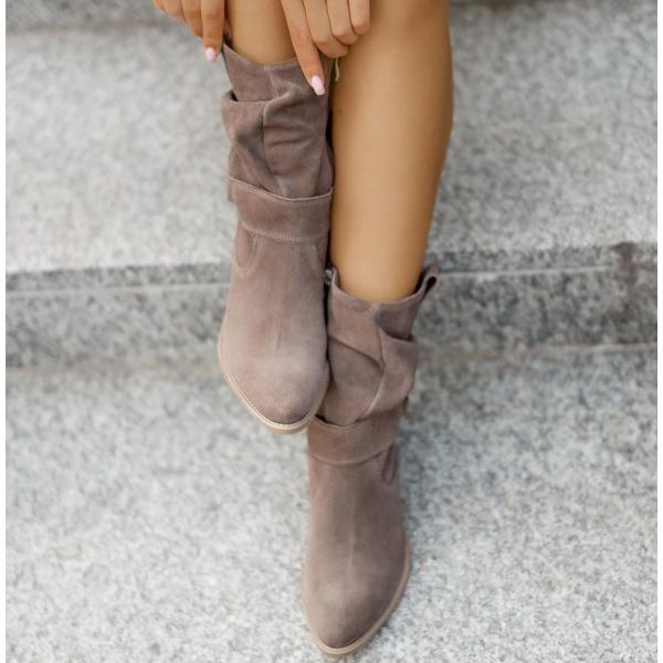 Margo & Main – taupe suede slouch mid calf boots front view with stud trim, US women's sizes