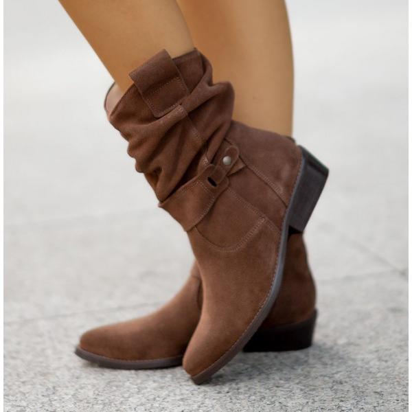 Margo & Main – brown suede slouch mid calf boots colorway, worn side view, US women's sizes