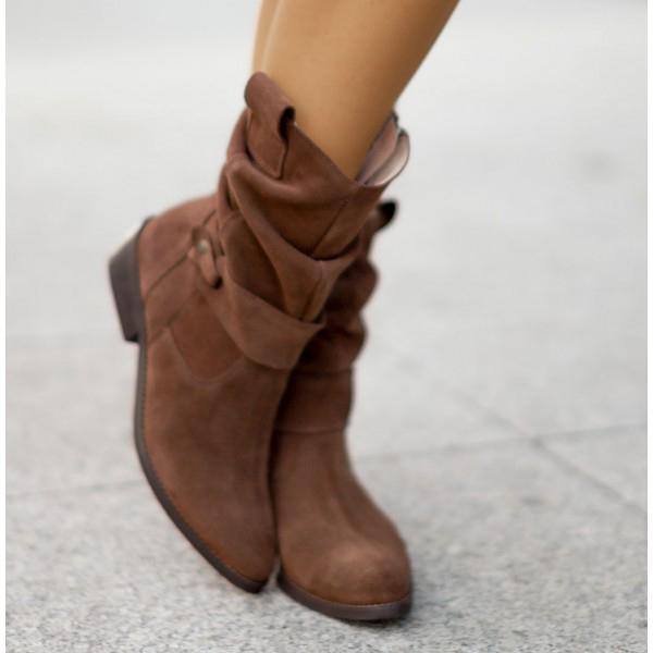 Margo & Main – brown suede slouch boots almond toe and low heel close-up, US women's sizes