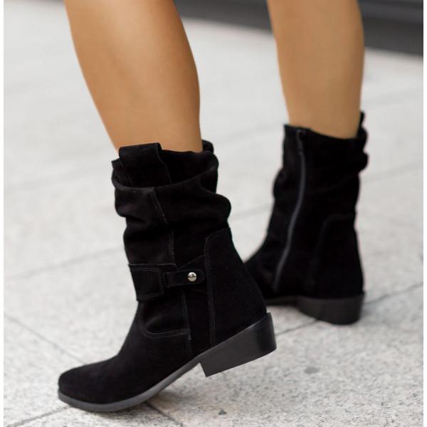 Margo & Main – black suede slouch mid calf boots colorway pair, worn view, US women's sizes