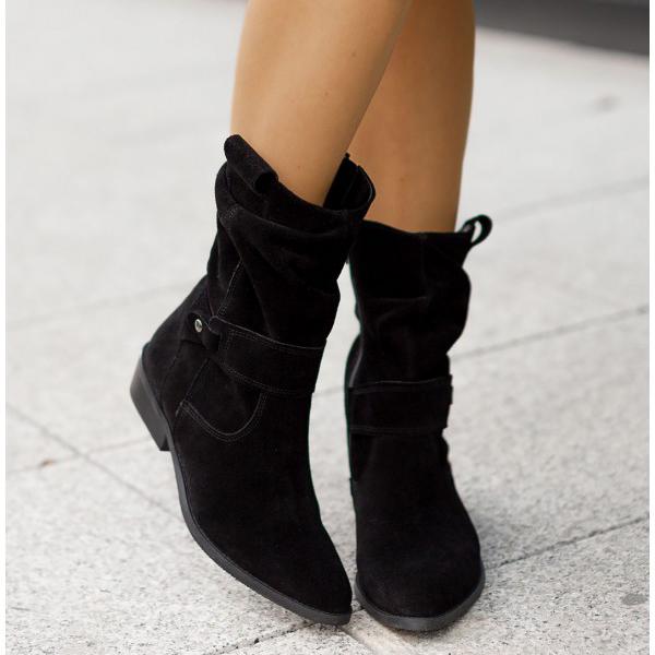 Margo & Main – black suede slouch mid calf boots front view, gathered shaft, US women's sizes