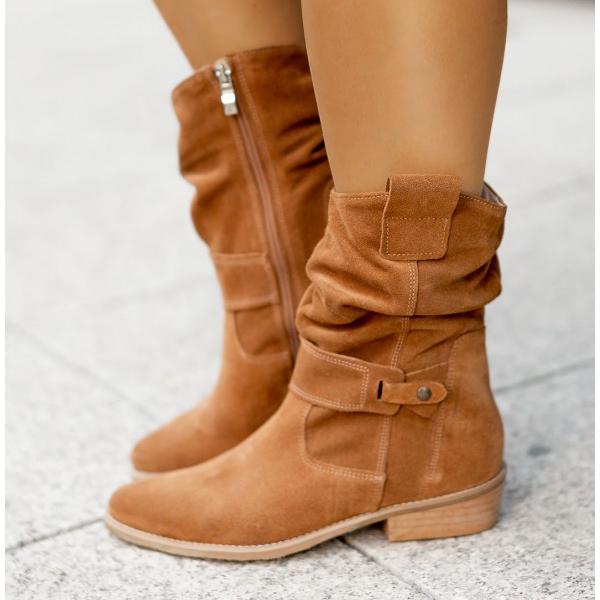 Margo & Main – cognac suede slouch boots side profile with inside zip detail, US women's sizes