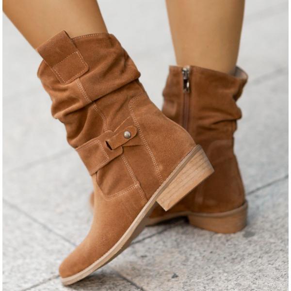 Margo & Main – cognac suede slouch boots buckle strap and side zip close-up, US women's sizes