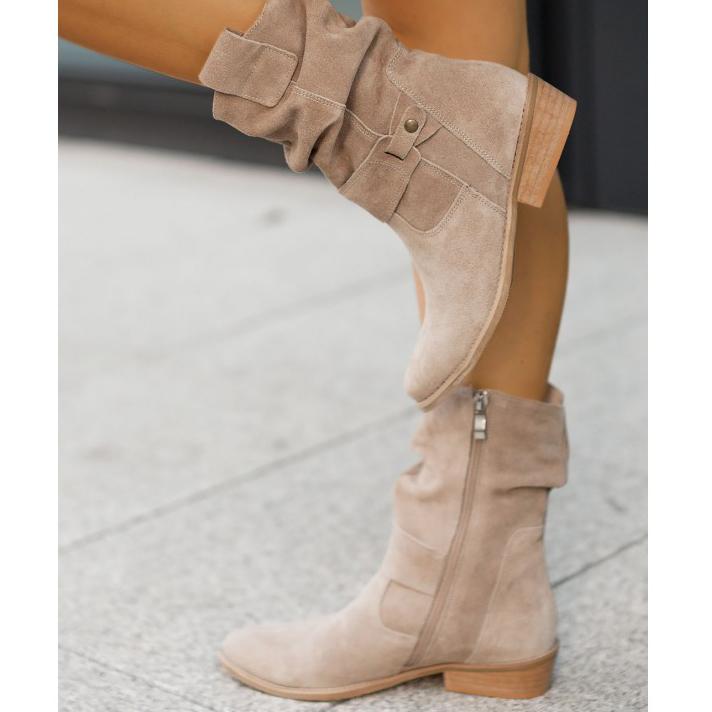 Margo & Main – beige suede slouch mid calf boots worn side view on pavement, US women's sizes