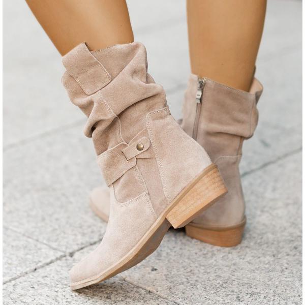 Margo & Main – beige suede slouch boots low stacked heel and strap detail, US women's sizes