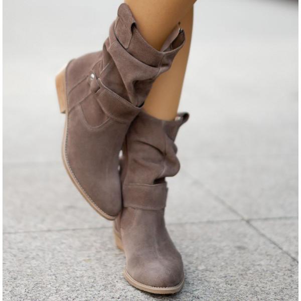 Margo & Main – taupe suede slouch boots angled pair with gathered soft shaft, US women's sizes