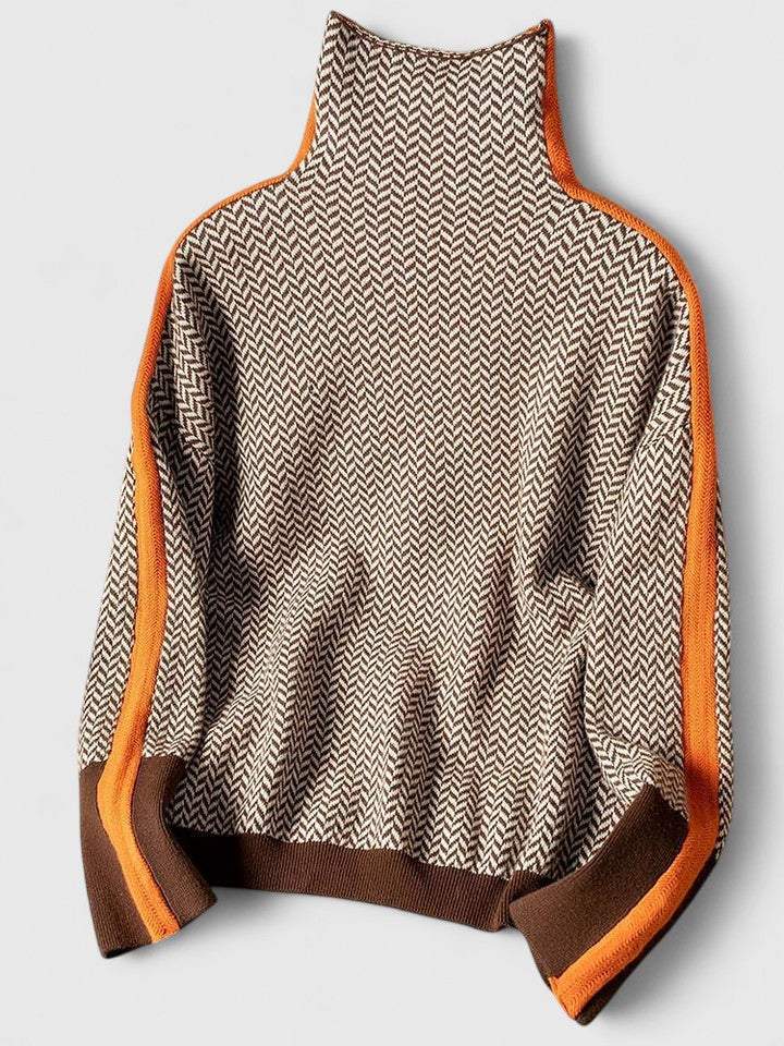 Margo & Main - camel chevron stripe high collar sweater back and collar view, US women's sizes