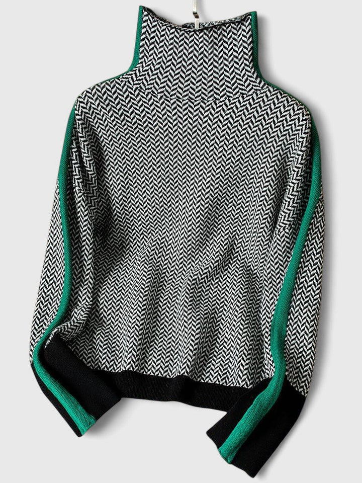 Margo & Main - black chevron knit high collar sweater banded cuff detail, US women's sizes