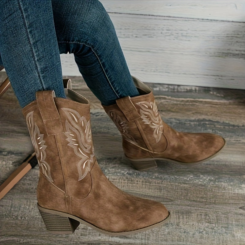 Margo & Main – camel western mid calf boots pointed toe and stitching close-up, US women's sizes