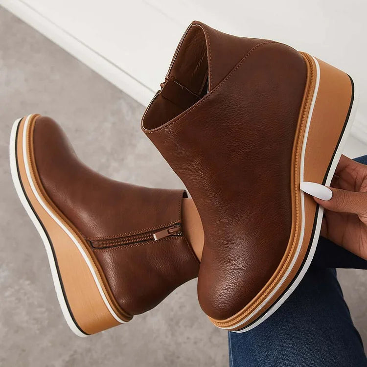 Margo & Main – Dark brown wedge platform ankle boots, side zip close-up, US women's sizes