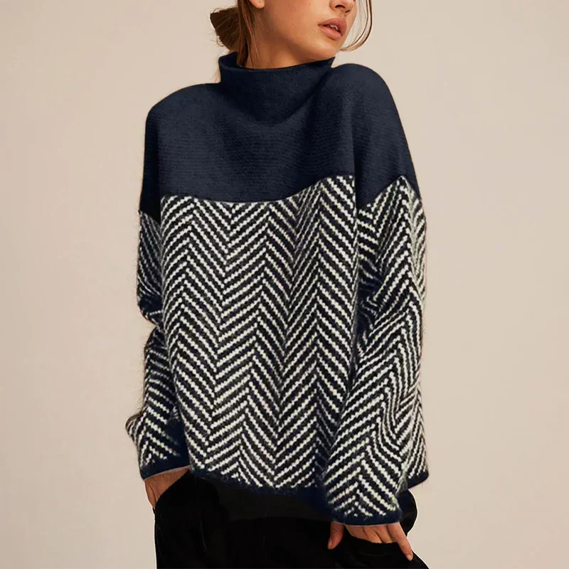 Margo & Main - navy and white herringbone turtleneck knit texture, US women's sizes