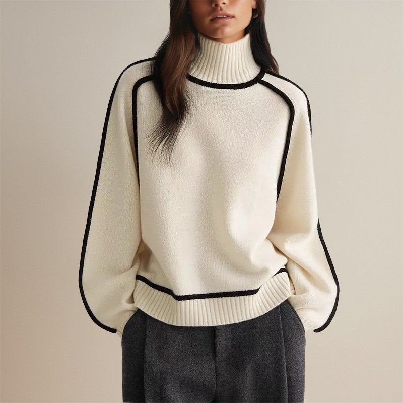Margo & Main - cream contrast trim turtleneck sweater front view, US women's sizes