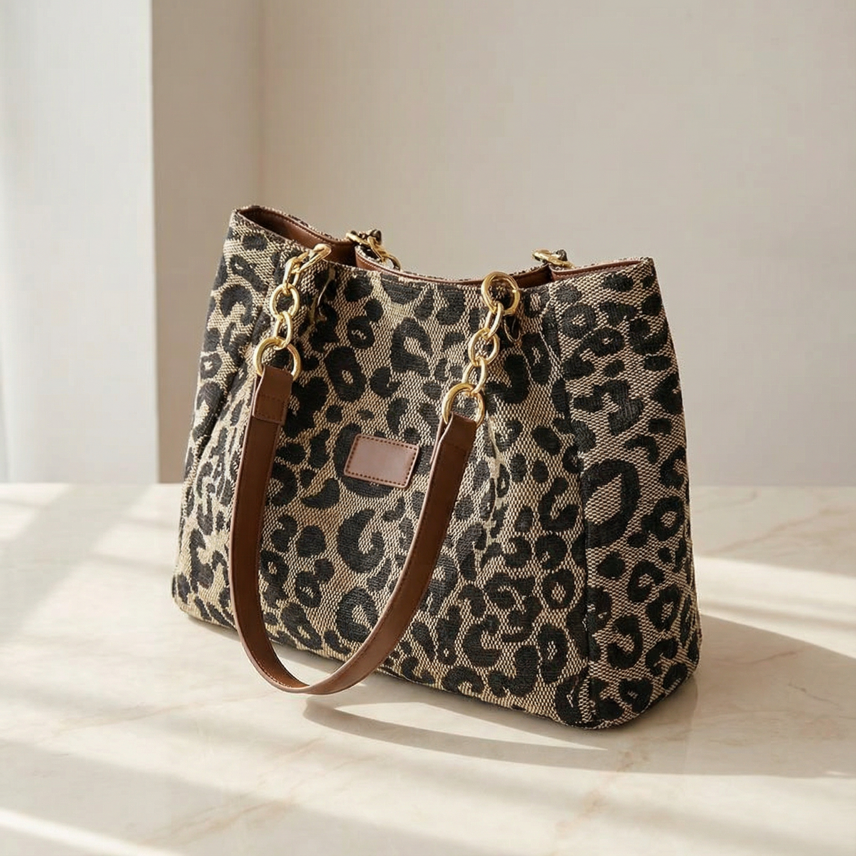 Margo & Main – Lynxe brown leopard canvas bag on a sunlit marble surface, angled view