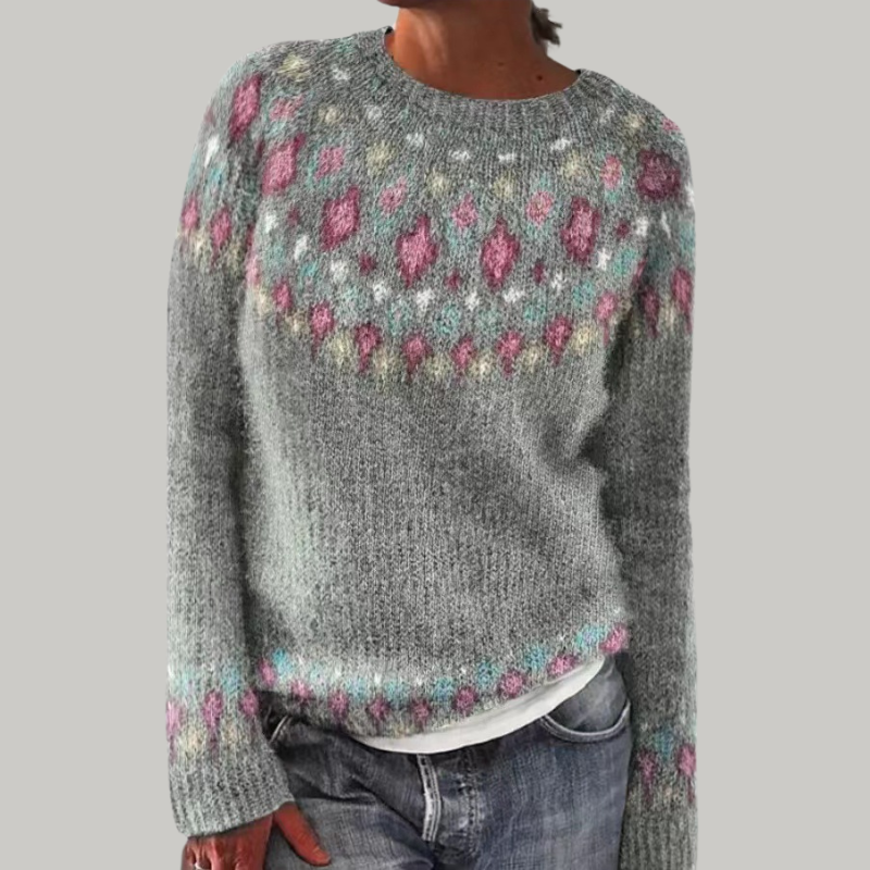 Margo & Main – gray Fair Isle yoke crew neck sweater full front view, US women's sizes