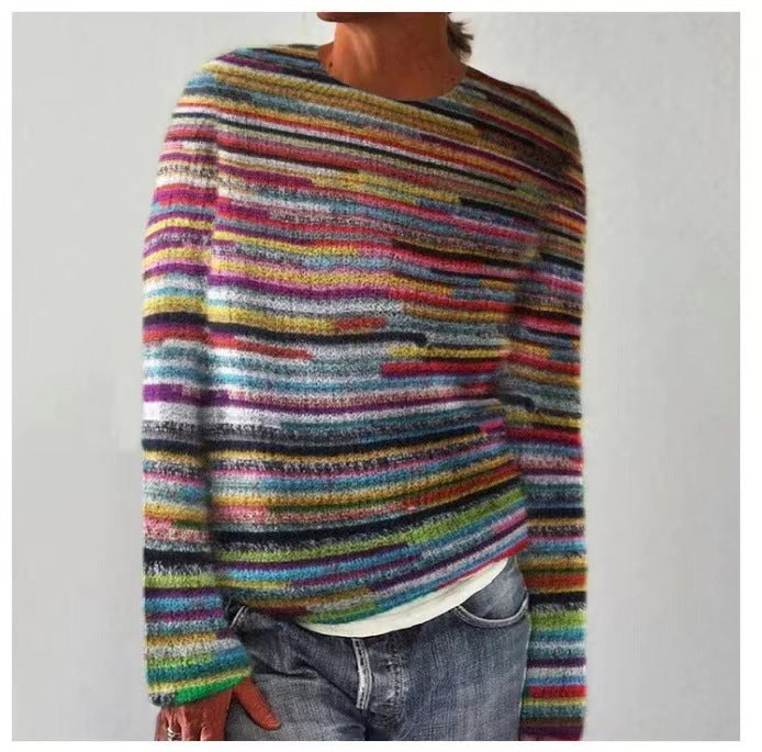 Margo & Main – gray Fair Isle yoke crew neck sweater multicolor stripe colorway, US women's sizes