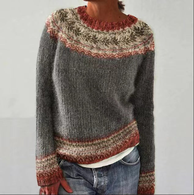 Margo & Main – gray Fair Isle yoke crew neck sweater rust yoke colorway view, US women's sizes