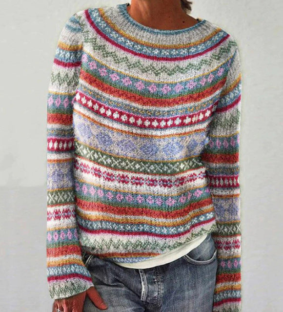Margo & Main – gray Fair Isle yoke crew neck sweater Fair Isle pattern detail, US women's sizes