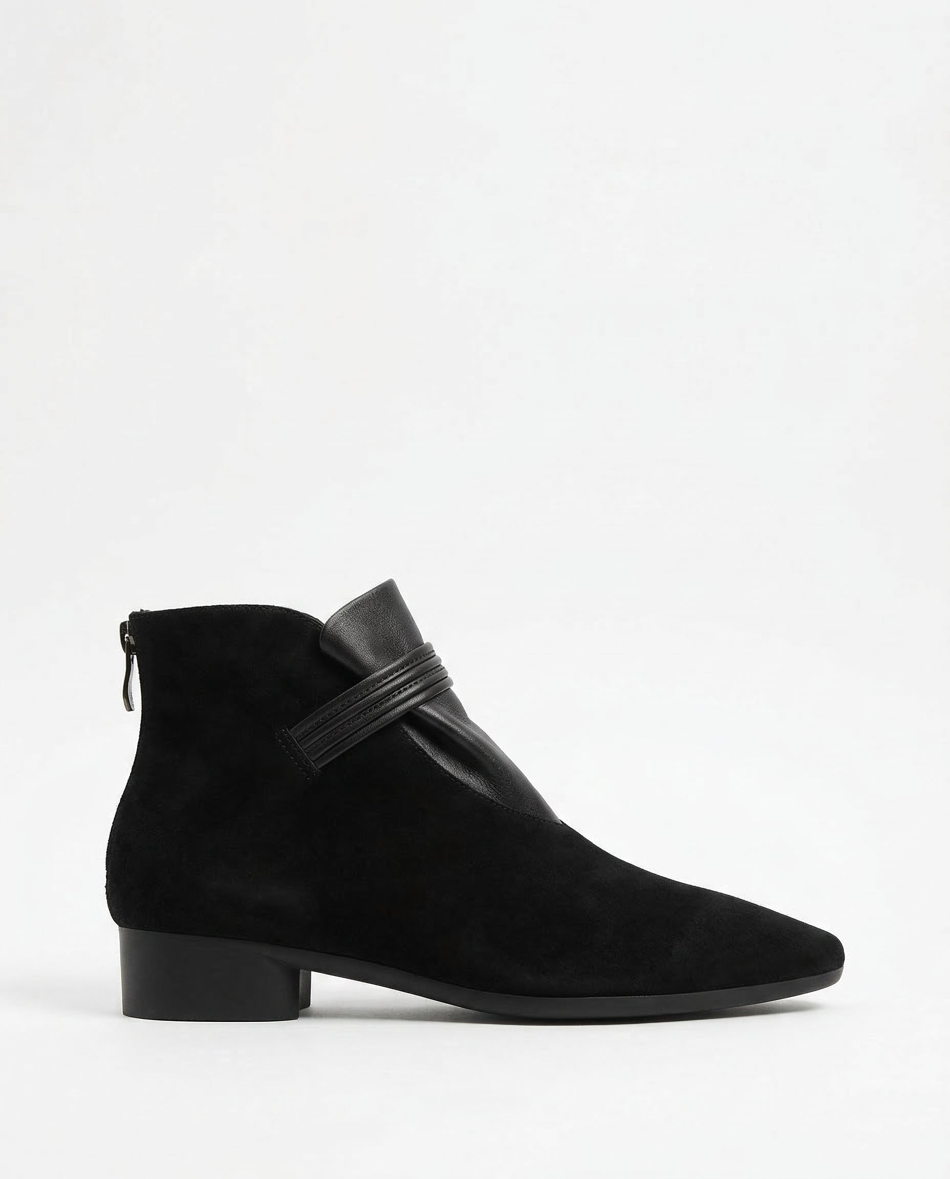 Margo & Main – black suede ankle boots side profile view of the boot, US women's sizes