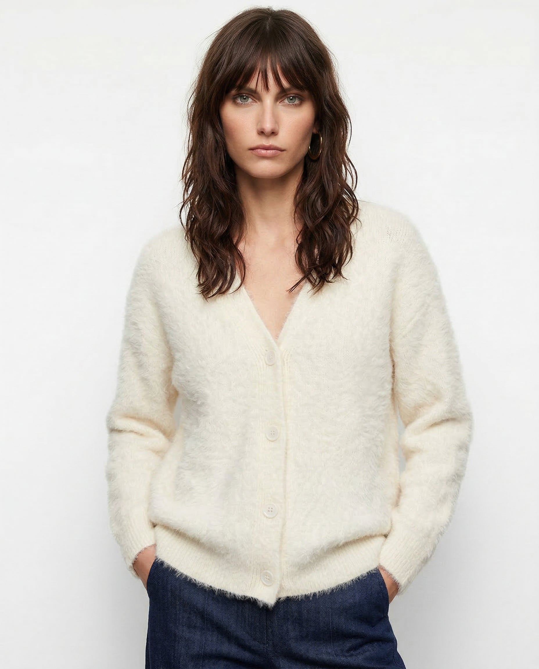 Margo & Main – cream brushed knit oversized cardigan buttoned front view, US women's sizes