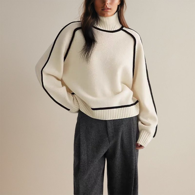 Margo & Main - cream contrast trim turtleneck sweater side styling view, US women's sizes