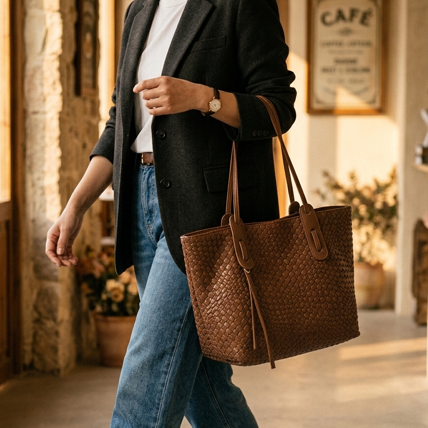 Margo & Main – Tessara brown woven tote carried past a cafe with a blazer and jeans