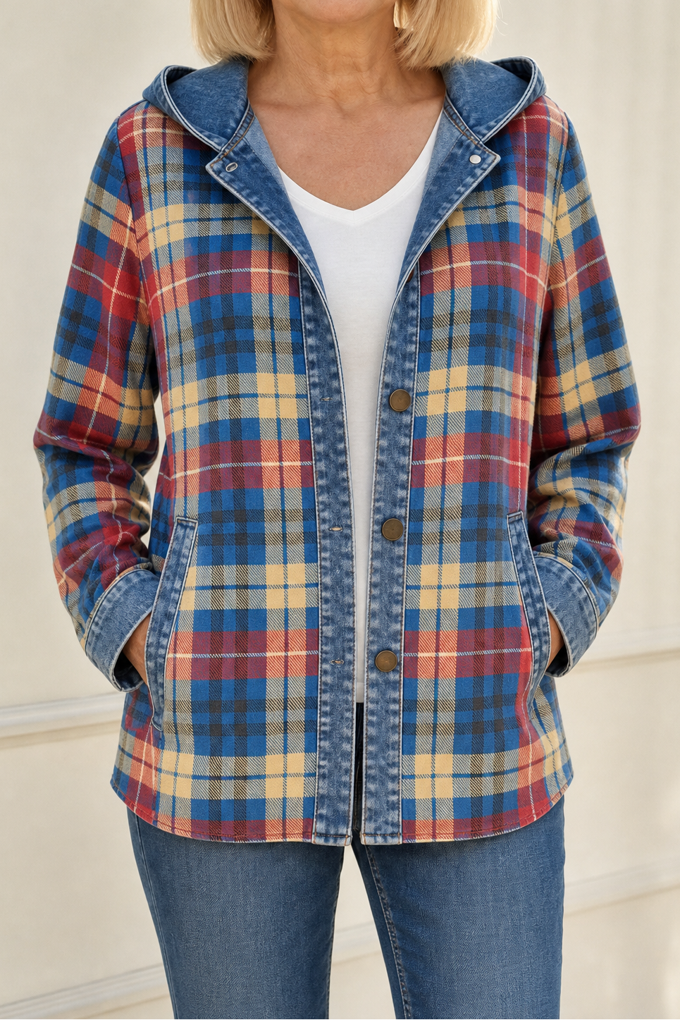 Corliss Hooded Plaid Shacket with Denim Trim