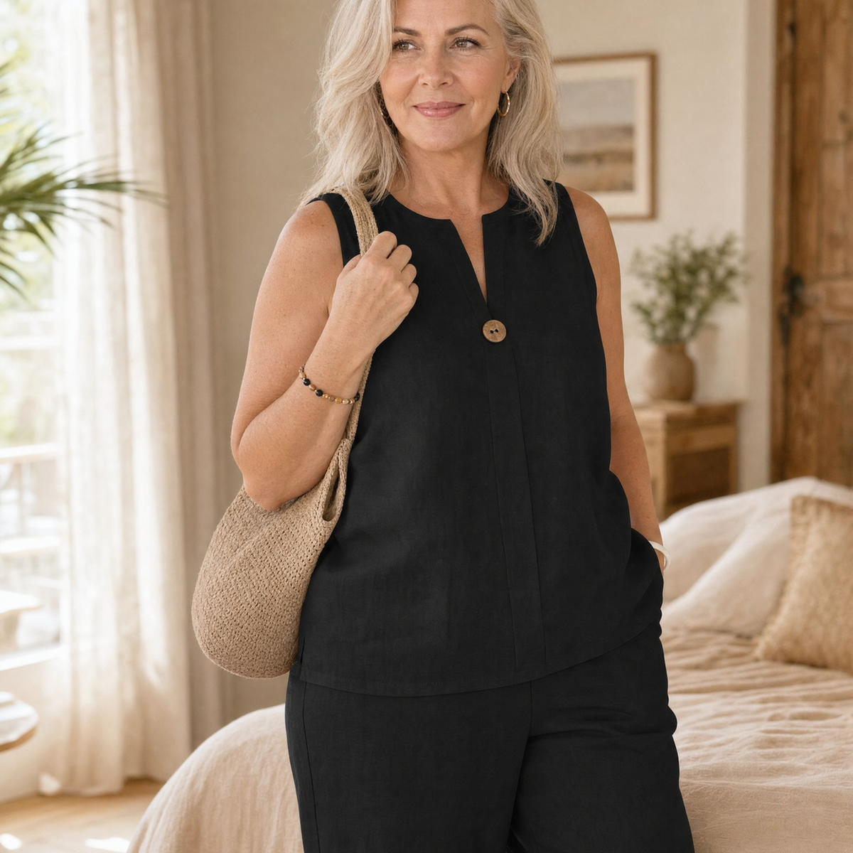Margo & Main – Lunavia black two-piece set, top and neckline worn close-up, US women's sizes