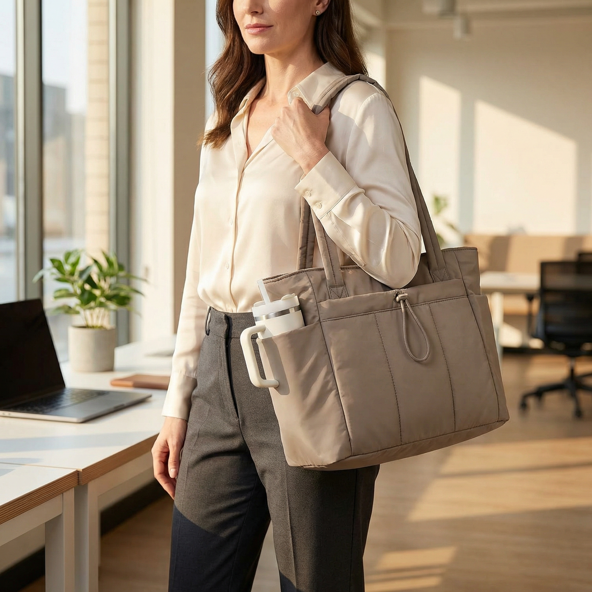Margo & Main – Tova tan quilted tote worn in an office with a tumbler in the side pocket