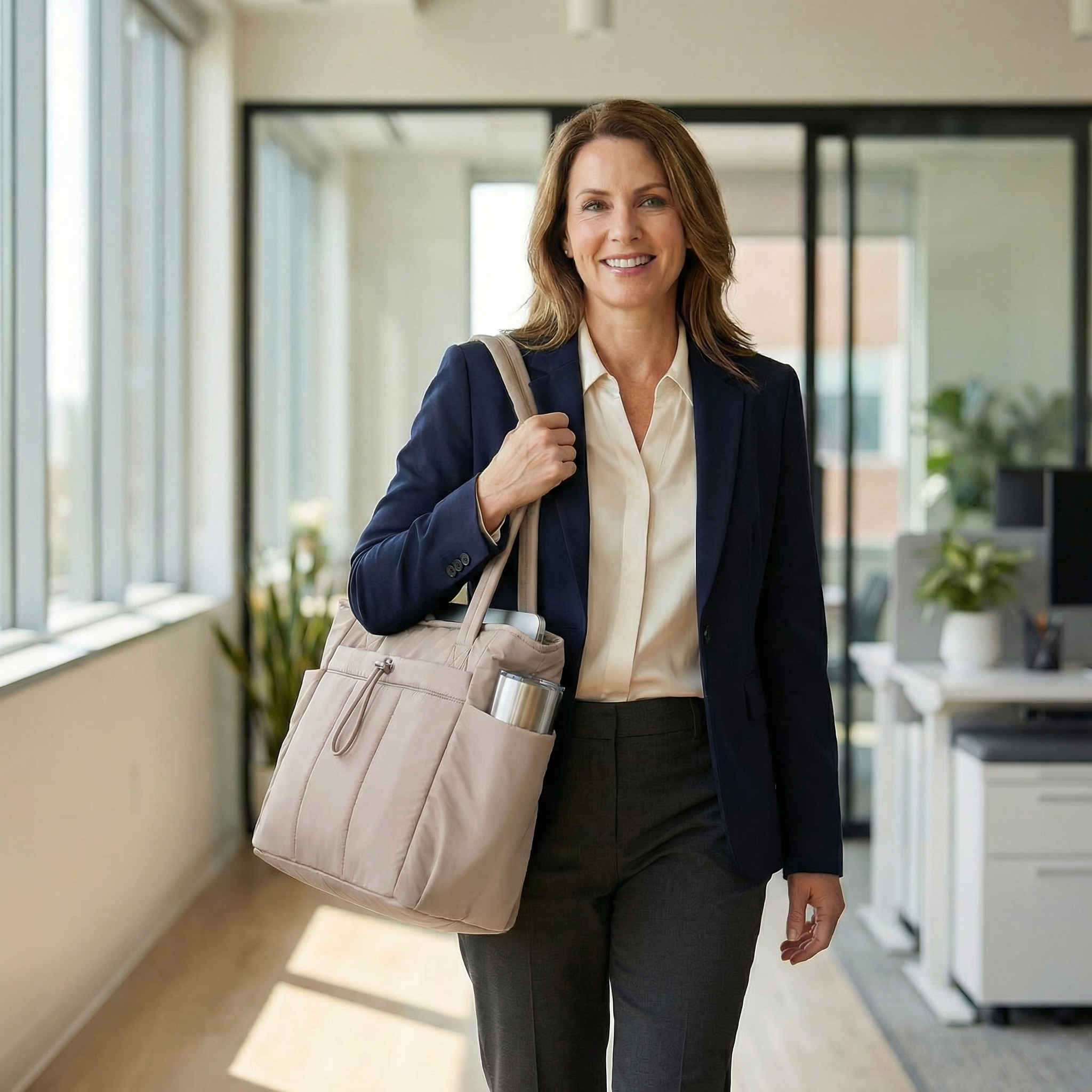 Margo & Main – Tova tan quilted tote carried with a navy blazer, full-length lifestyle view