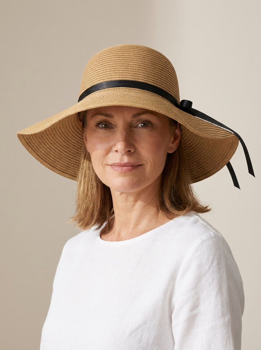 Faye Foldable Wide Brim Sun Hat in Khaki worn by a confident woman in a clean studio setting.