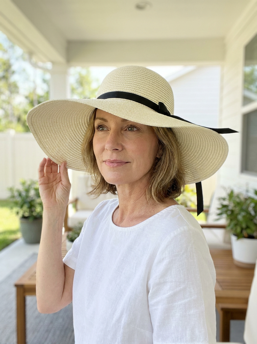 Faye Foldable Wide Brim Sun Hat in Beige worn by a confident woman in an everyday lifestyle setting.