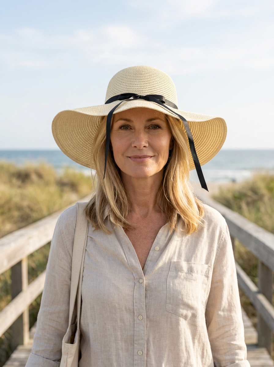 Faye Foldable Wide Brim Sun Hat in Beige worn by a confident woman in an occasion setting.