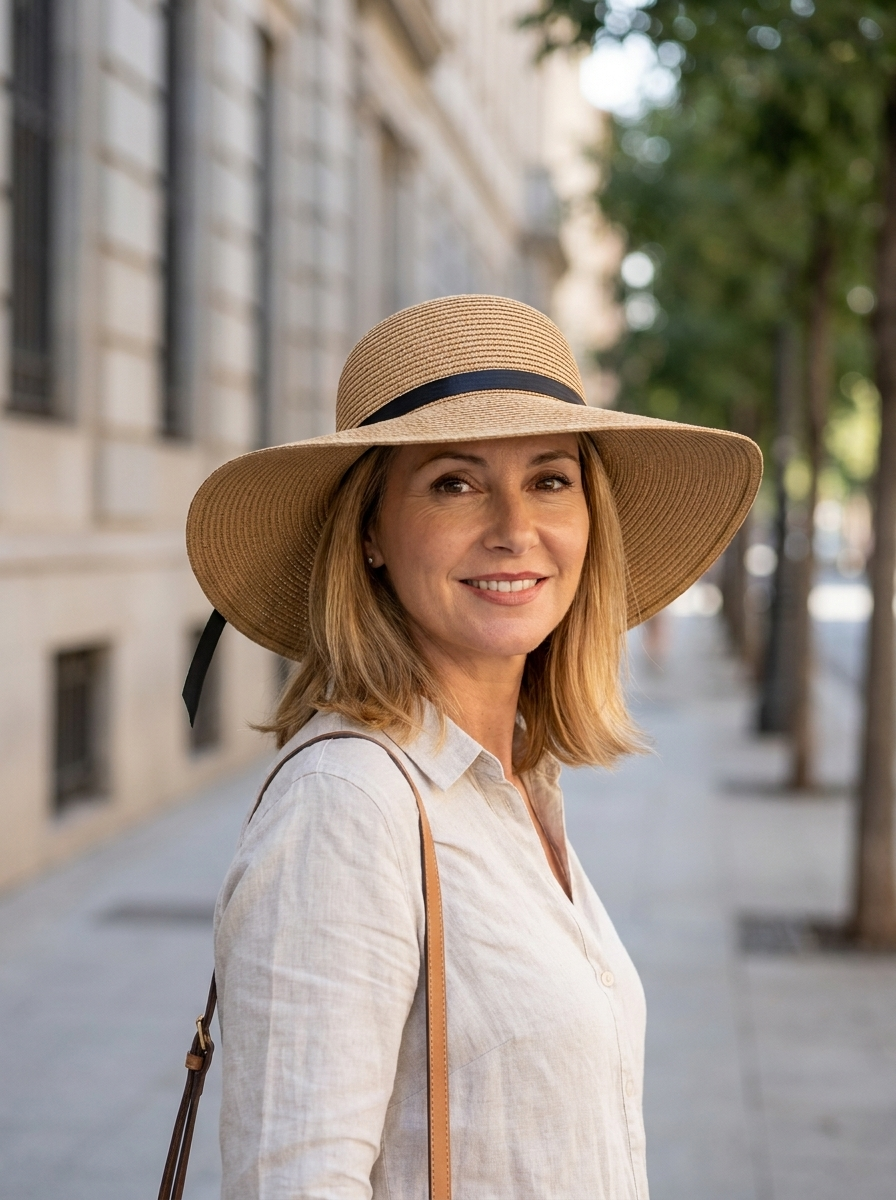 Faye Foldable Wide Brim Sun Hat in Khaki worn by a confident woman in an occasion setting.