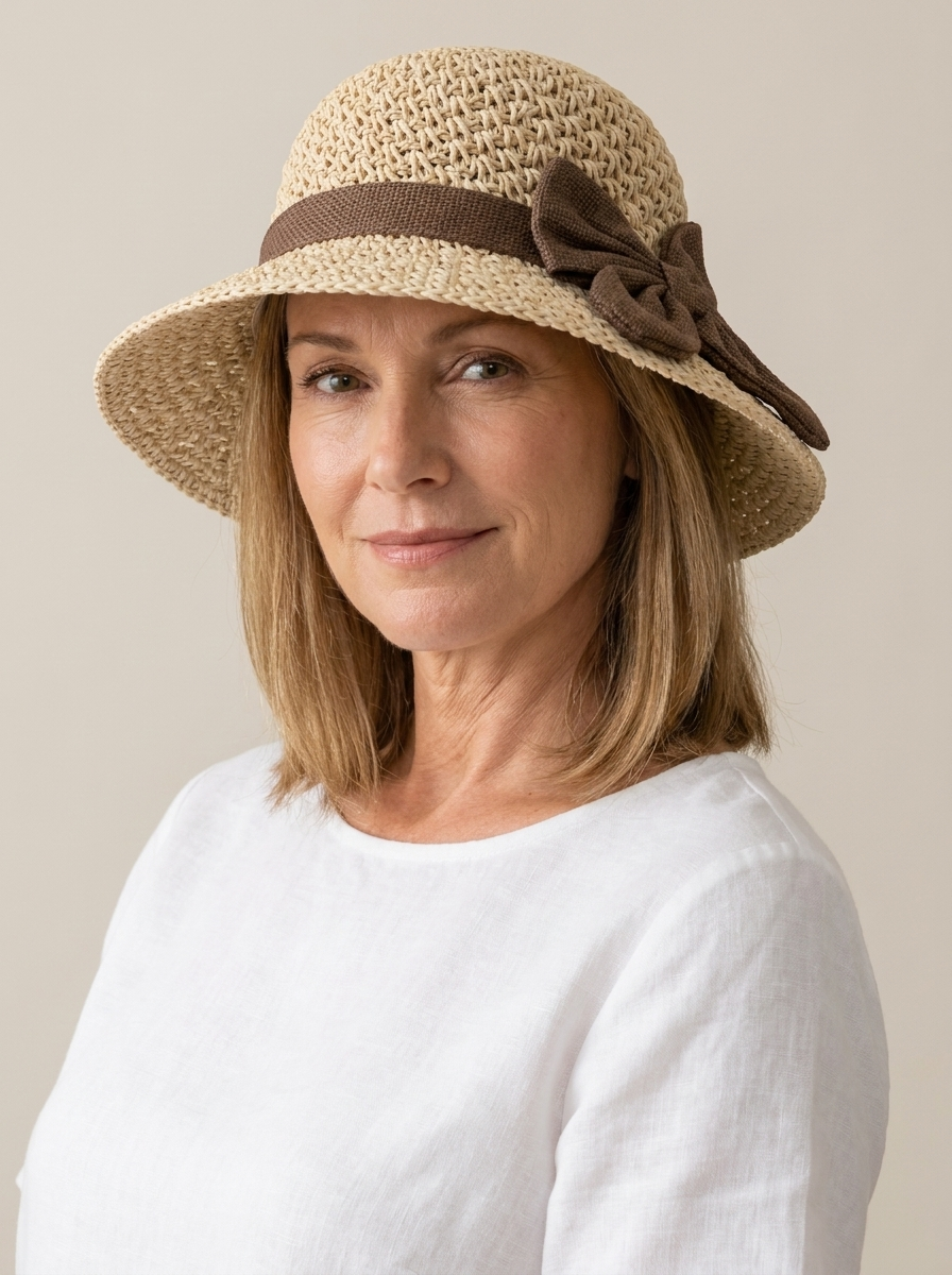 Hattie Elegant Straw Sun Hat With Bow in Beige worn by a confident woman in a clean studio setting.