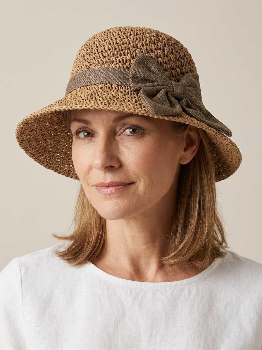 Hattie Elegant Straw Sun Hat With Bow in Khaki worn by a confident woman in a clean studio setting.