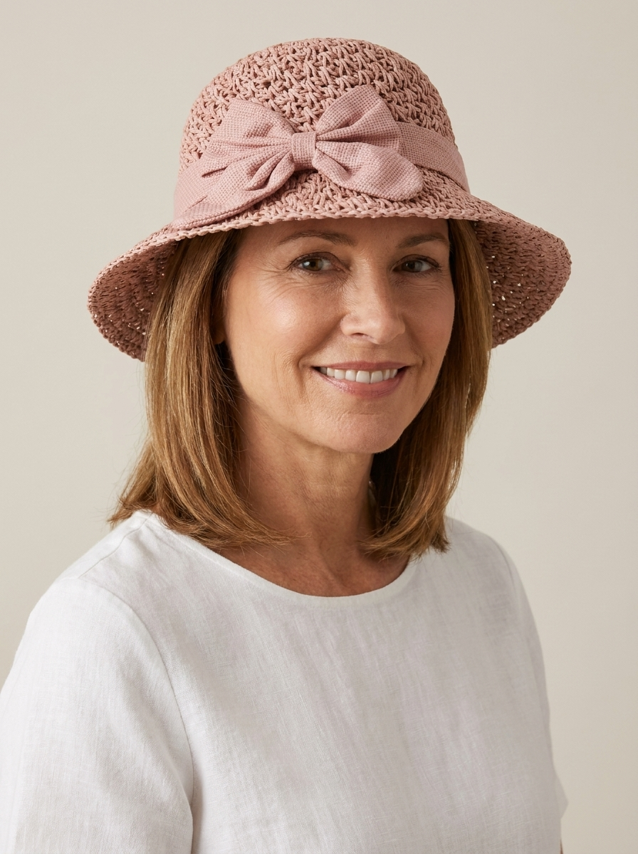 Hattie Elegant Straw Sun Hat With Bow in Pink worn by a confident woman in a clean studio setting.