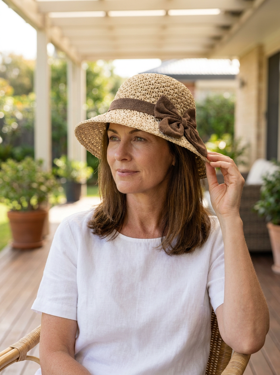 Hattie Elegant Straw Sun Hat With Bow in Beige worn by a confident woman in an everyday lifestyle setting.